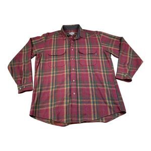 Woolrich Wool Blend Flannel Shirt Mens LARGE Yellow Red Plaid USA Pockets Button